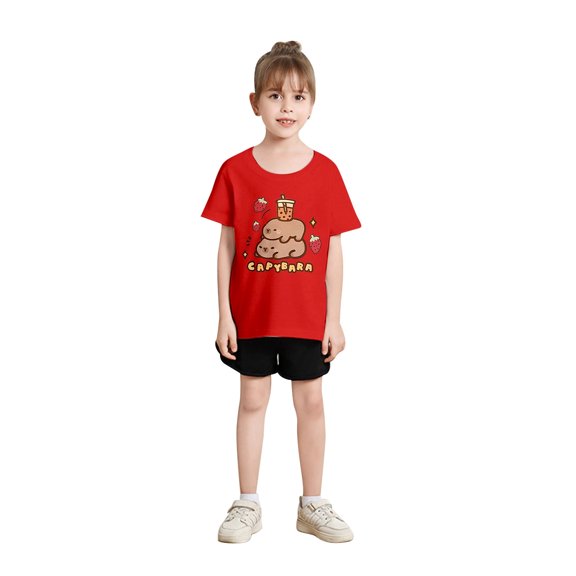 CAIVO Kids Summer Short Sleeve Tees Cartoon Print Loose Fit Casual Boys Girls Comfortable Blend Children Tops T-Shirt Classic Toddler Clothing