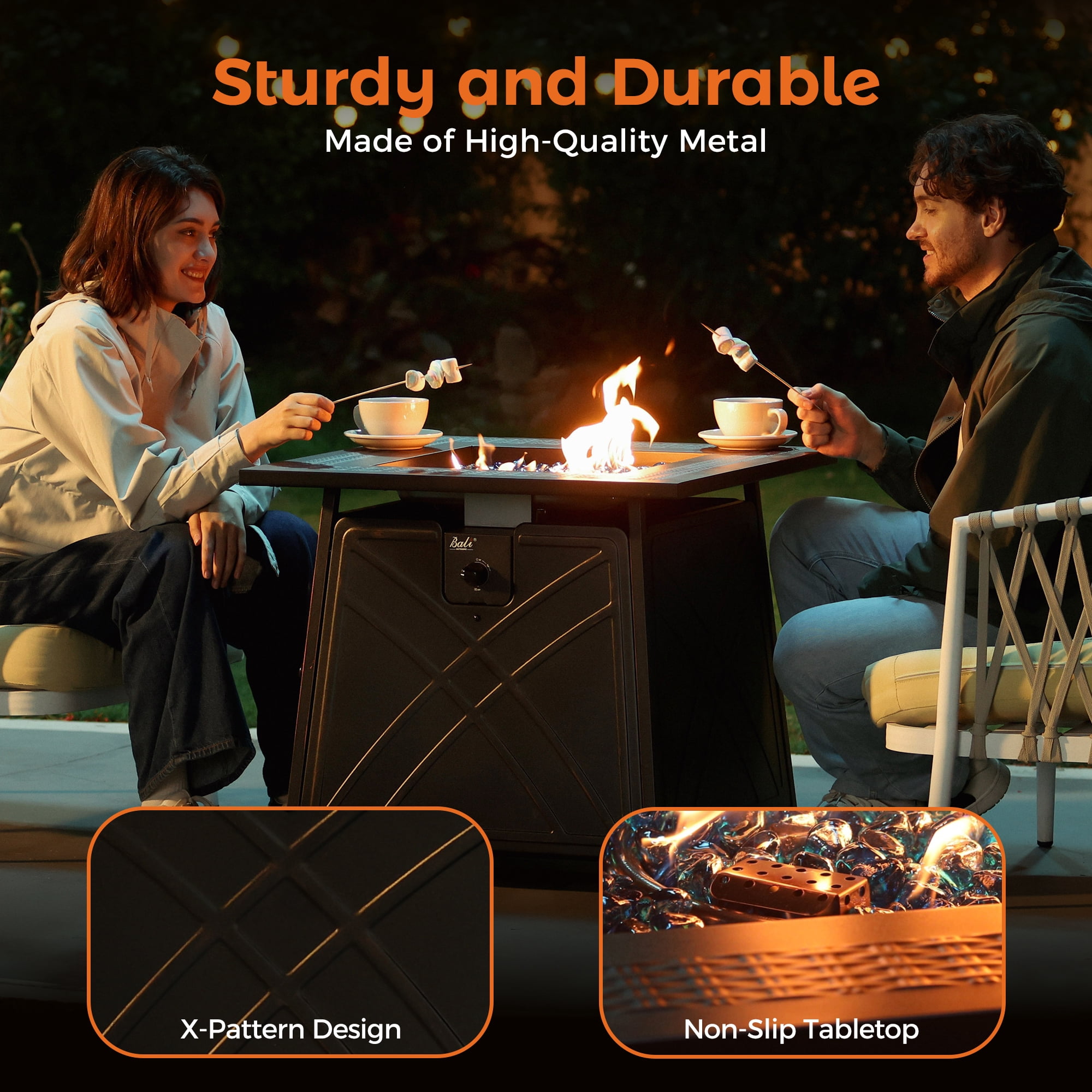 Bali Outdoors 28" Gas Fire Pit Table, 50,000 BTU Square Propane Fire Pit with Lid and Blue Glass Stones for Outdoor Patio