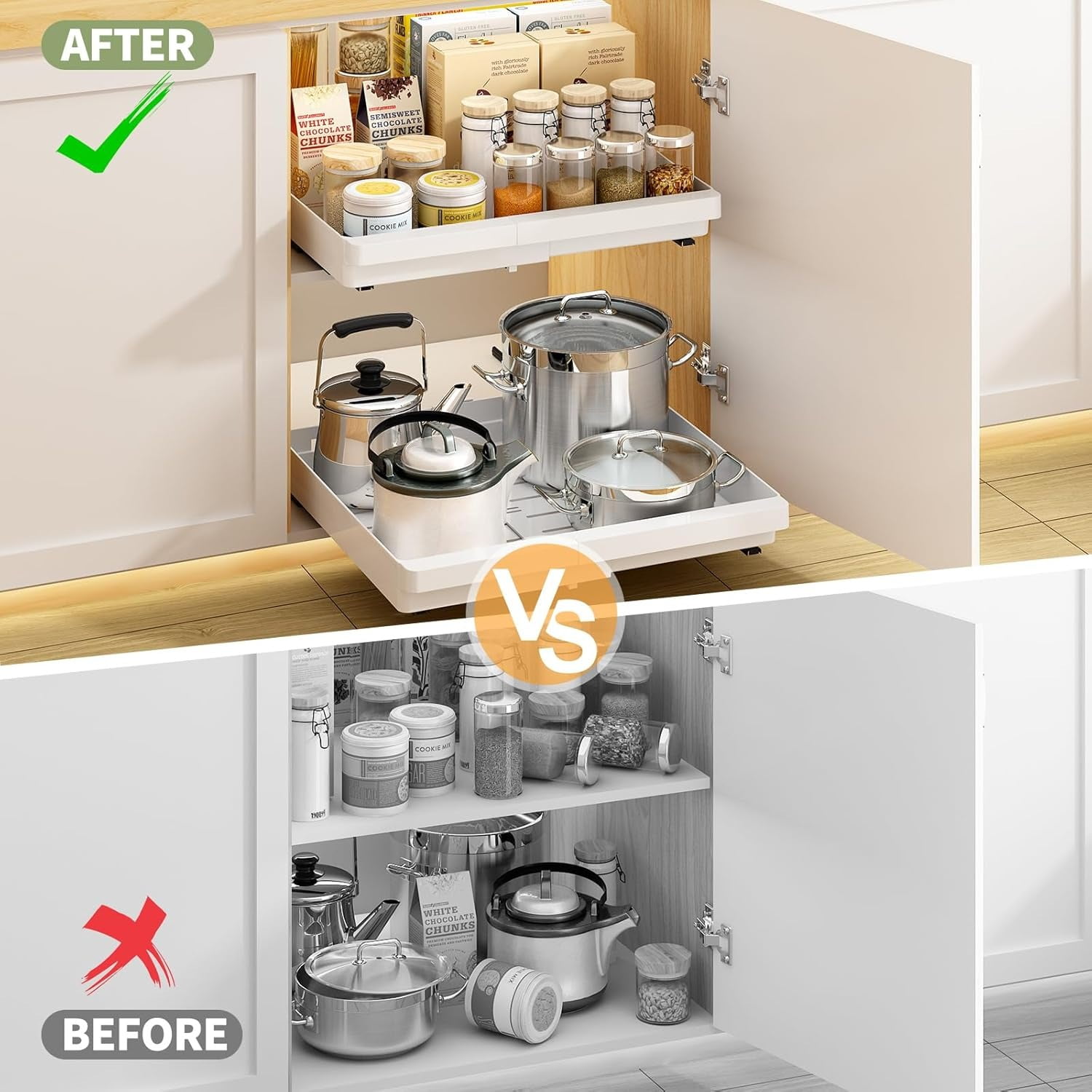 2 Pack Expandable Pull Out Cabinet Organizer, AOKIWO Slide Out Drawers Storage with Adhesive Nano Film for Kitchen Pantry Under Sink (White, 13''-19'')