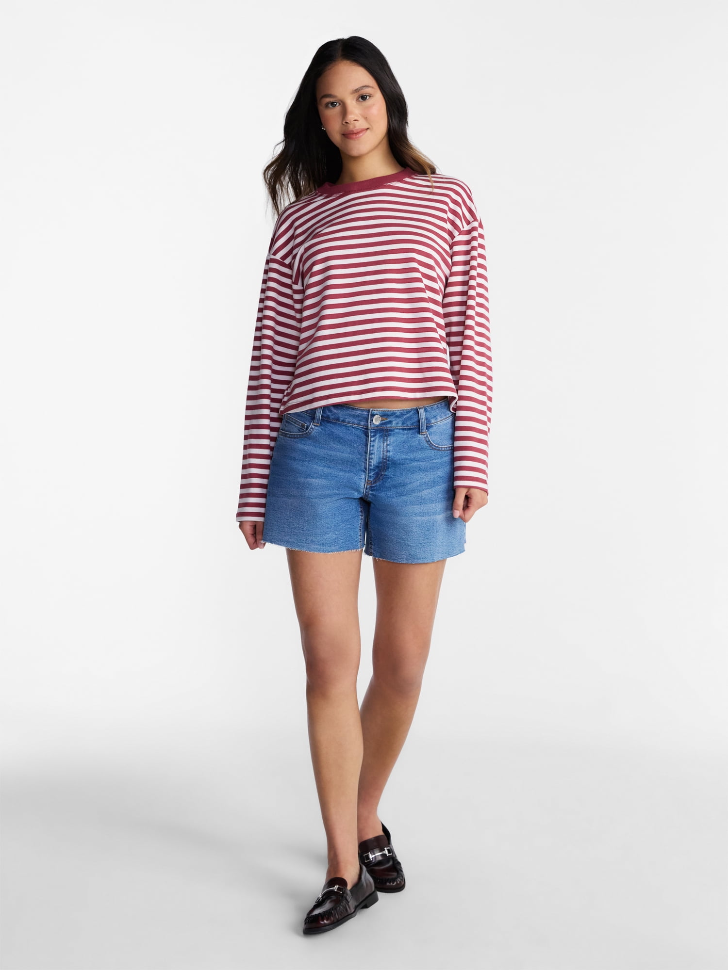 No Boundaries Oversize LS Stripe Tee, Women’s Sizes XXS-XXL