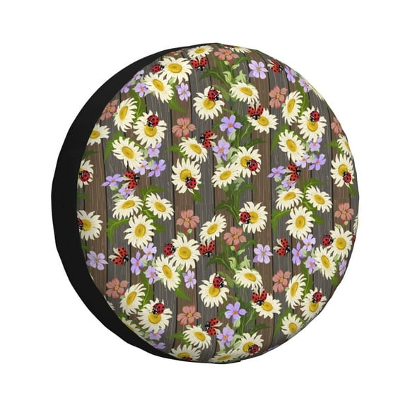 Saiise Ladybugs And Flowers On A Wooden Print Waterproof Leather Tire Cover, Durable Wheel Protector for Jeep Wrangler, RV, SUV, Truck, and Travel Trailers-15 inch