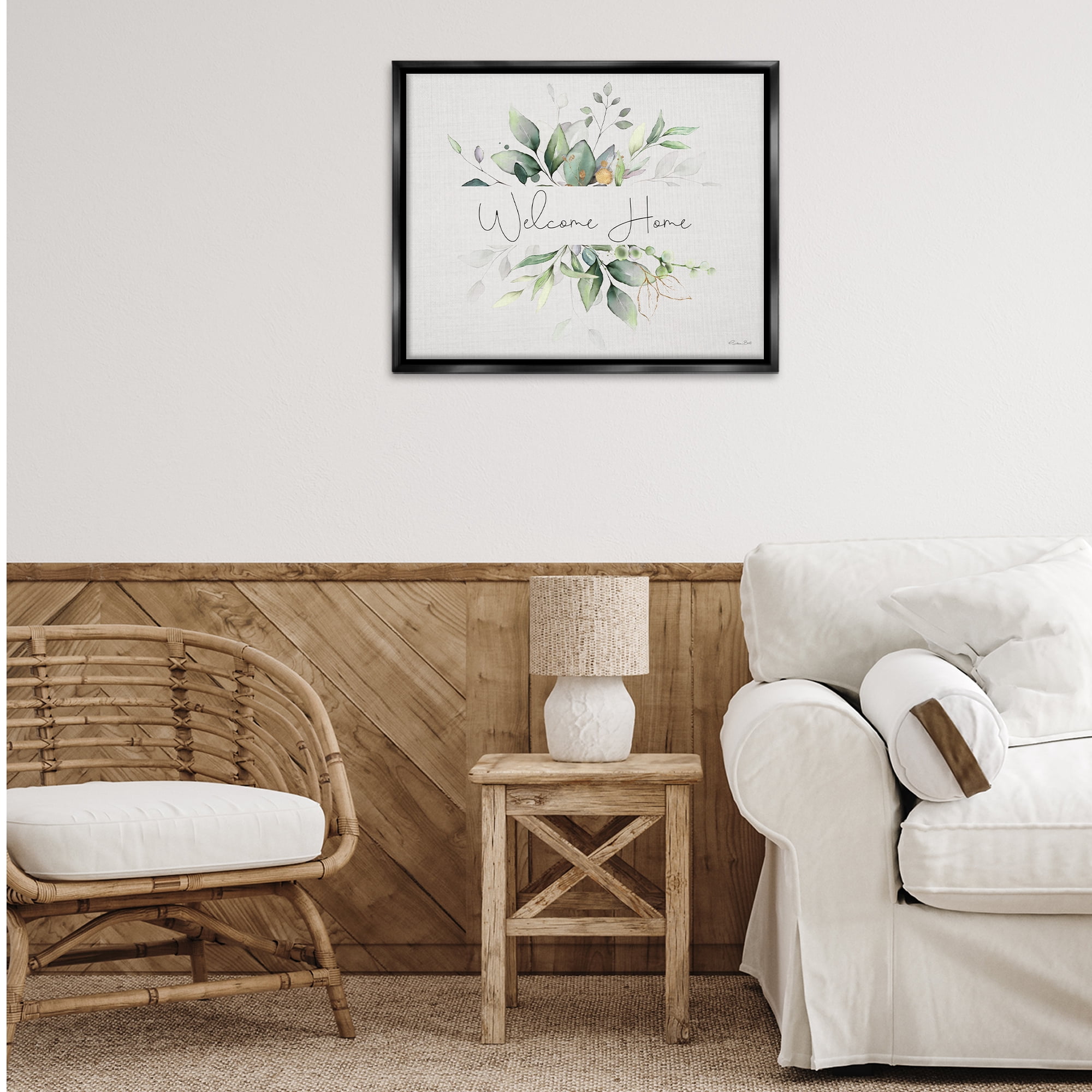 Stupell Industries Soft Leaves Welcome Botanical & Floral Painting Black Floater Framed Canvas Art Print Wall Art, 31 x 25