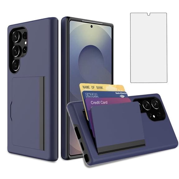 Asuwish Phone Case for Samsung Galaxy S24 Ultra 5G Wallet Cell Cover with Tempered Glass Screen Protector Slim Credit Card Holder Slot Hard Hybrid Protective S24Ultra 24S S 24 24Ultra Women Men Blue