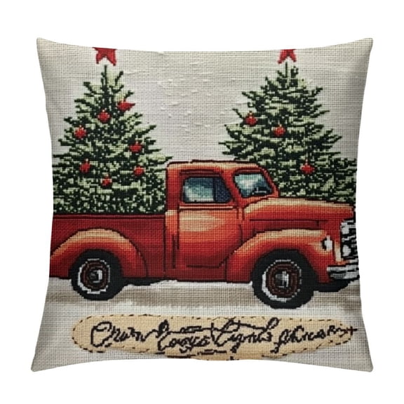 Patifu   Red Truck Throw Pillow Covers with Xmas Tree Winter Holiday Christmas Square Pillow Case   12x12in