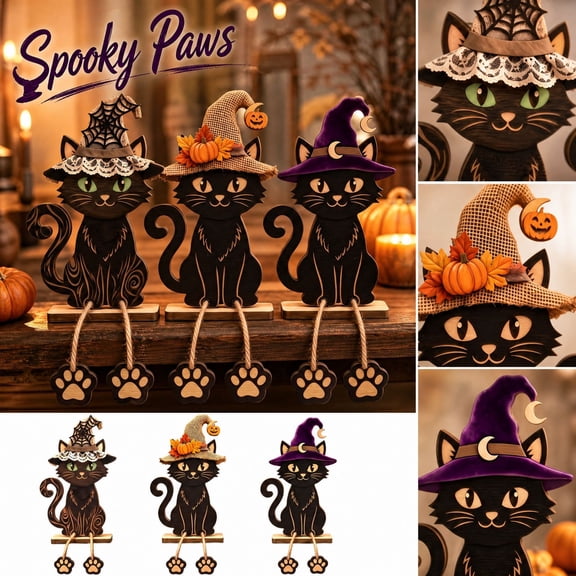 MInHoues 3 Pcs Halloween Wooden Cat Table Decorations, Black Cat with Witch Hat Dangling Legs Tabletop Decor, Rustic Tiered Tray Centerpieces for Fall Mantel Shelf Home Display Art