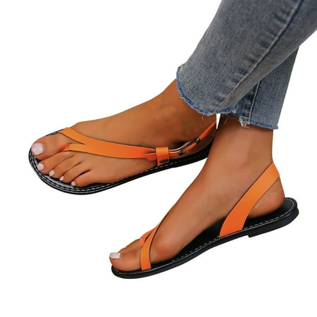 

Kayannuo Women s Sandals Clearance Womens Flat Sandals Leather Thin Strap A Flat Toe Clip Roman Sandals Beach Shoes Gifts for Women