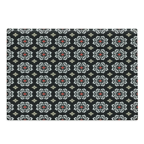Eastern Cutting Board, Floral Ornament Motifs on Dark Background with Wavy Lines Abstract Design, Decorative Tempered Glass Cutting and Serving Board, Large Size, Multicolor, by Ambesonne
