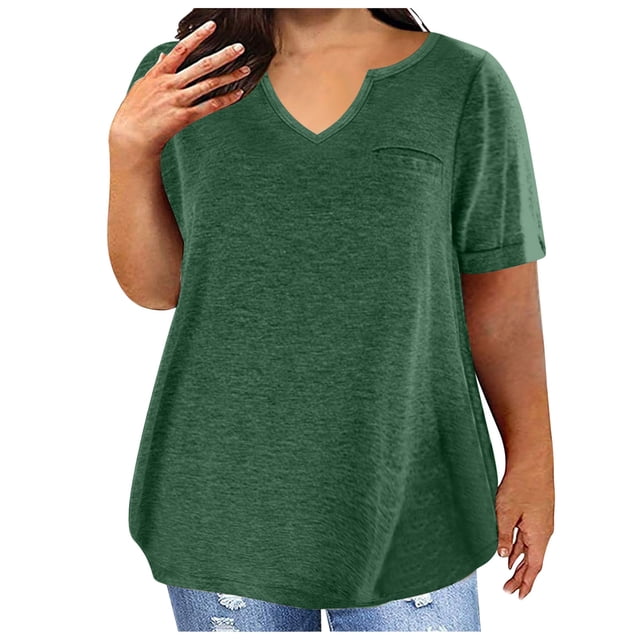 Jsaierl Women's Summer Solid Color Tops Plus Size Short Sleeve Notched V Neck Shirts Work Business Life Blouses