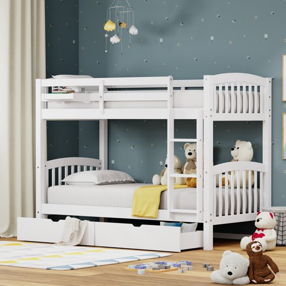 Arca Solid Wood Twin Over Twin Bunk Bed, Hanging Nightstand, and Underbed Storage Drawers in White