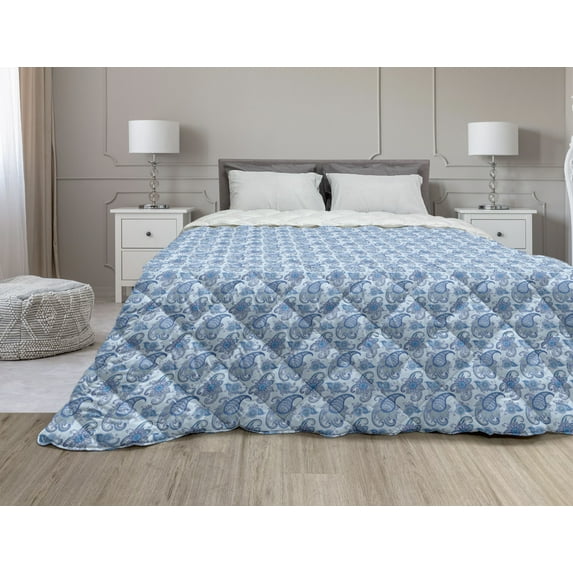 Blue Paisley Down Alternative Comforter, Flowers Leaves Tear Drop Shaped Polka Dotted Backdrop Illustration, Microfiber Quilt for All Season, 5 Sizes, Taupe Grey and Blush, by Ambesonne