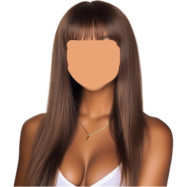 Yanonmyfd Chocolate Brown Bone Straight Wigs Human Hair With Bangs 180 Density Full Machine Made(18inches)