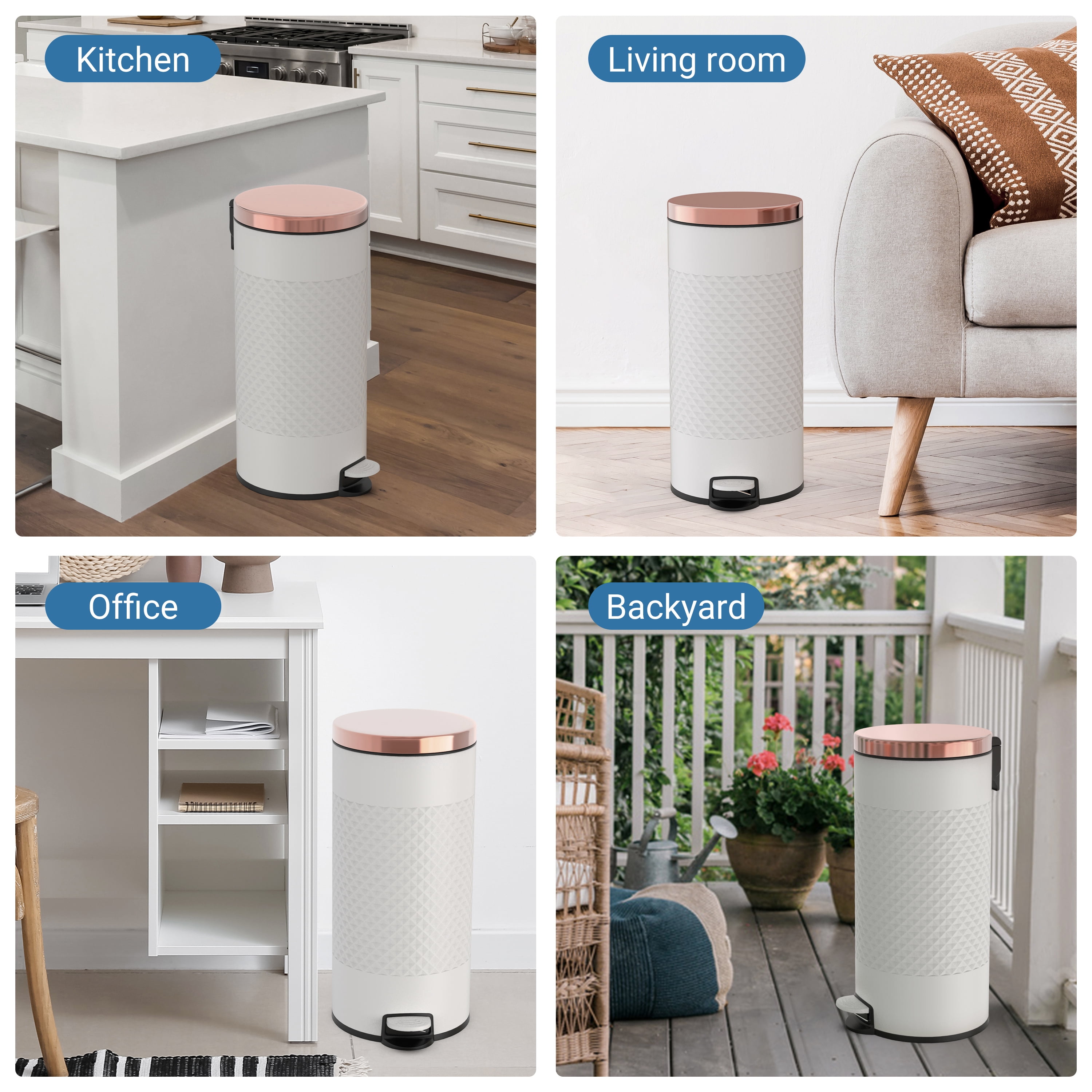 Innovaze 8 Gal. White Metal Round Shape Step-on Kitchen Trash Can with Diamond Body Design. Carbon Steel  White