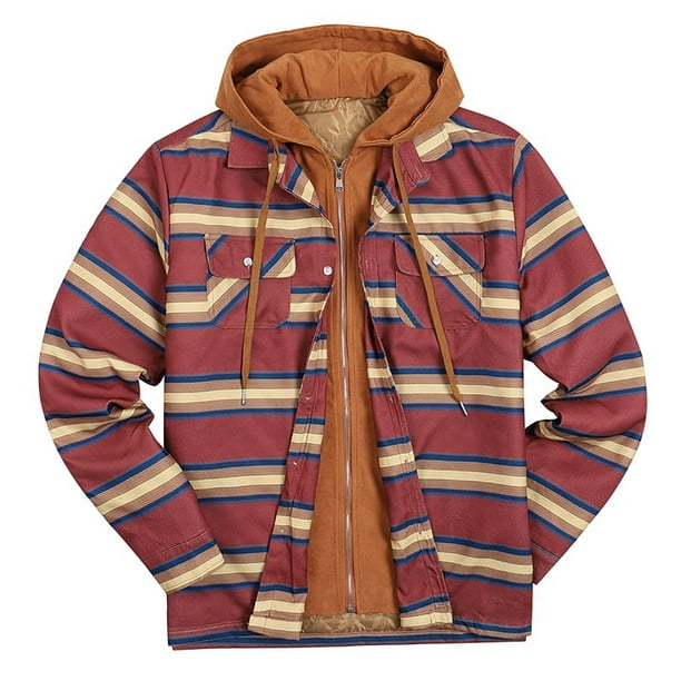Men's Thick Warm Plaid Fleece Jacket with Hood Autumn Winter Fashion Plush  Lined Loose Plaid Hooded Jacket Coat 