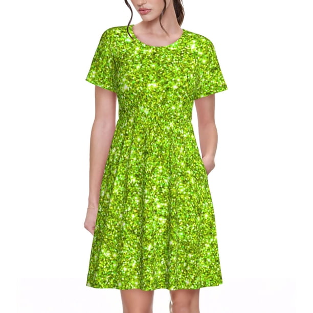 Easygdp Lime green glitter para Vestido Transpirable de Mujer, Vestido Suelto de Manga Corta con Pliegues y Bolsillos para el Verano