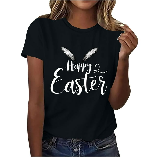 Mujeres de Manga Corta Tops Casual Nuevo Cuello Redondo Pascua, Ligera Camiseta de Poliéster Spandex