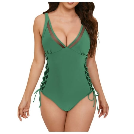 GEWSEY Women Mesh One Piece Swim Dress Swimsuit Tummy Control Bathing Suit Green  M