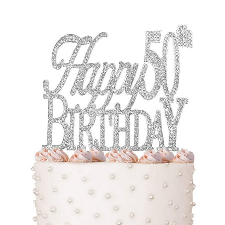 Happy 50th Birthday Cake Topper Crystal Rhinestones On Silver