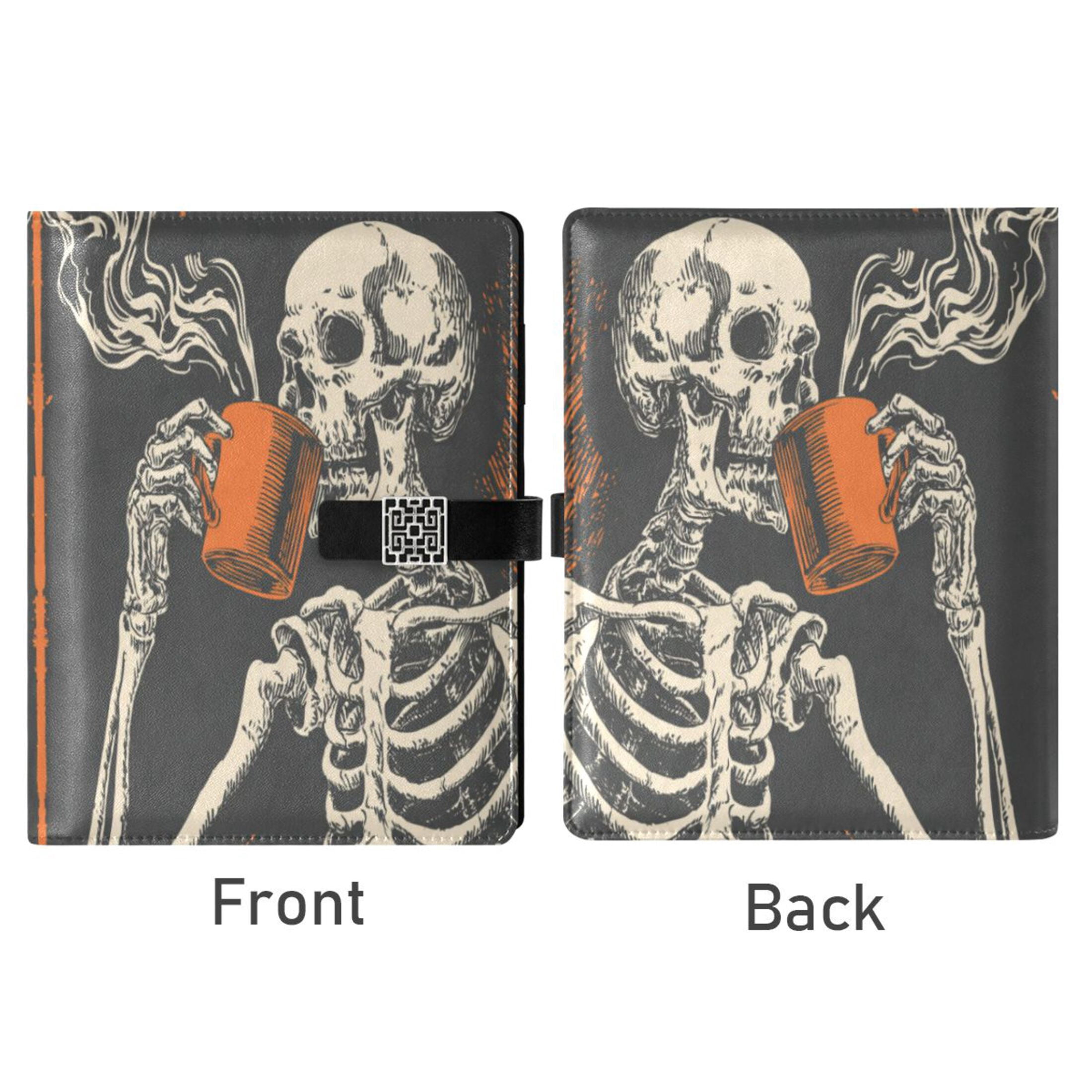 Leather Planner Leather Notebook Notebook Journal Binder Design Pen Pocket Design Convenient for Storage Skeleton Drinking Coffee Pattern