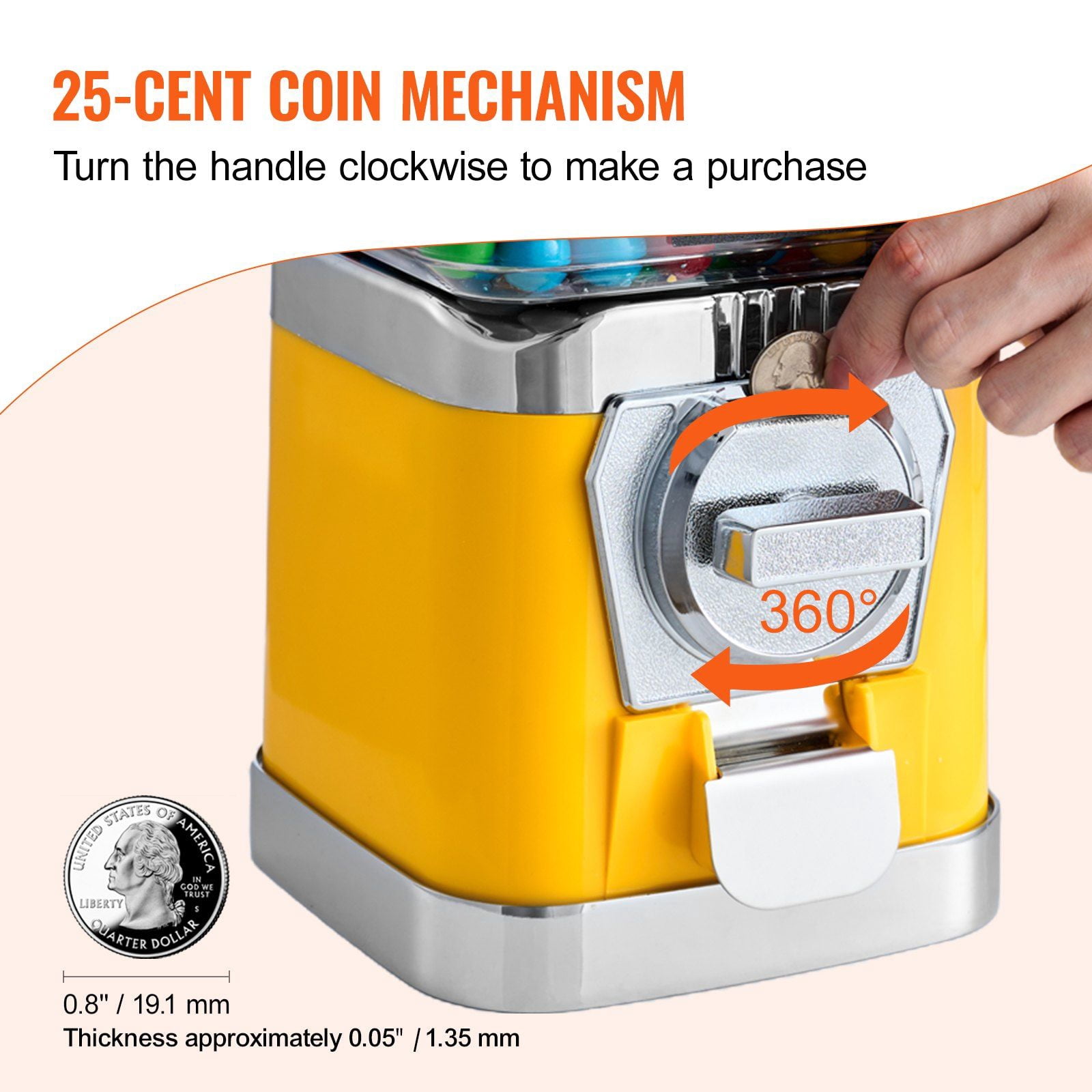 Gumball Machine , 17" Candy Dispenser, Coin Operated, PC Vending Machine for Bouncy Balls & Capsules, Yellow Retro Candy Bank
