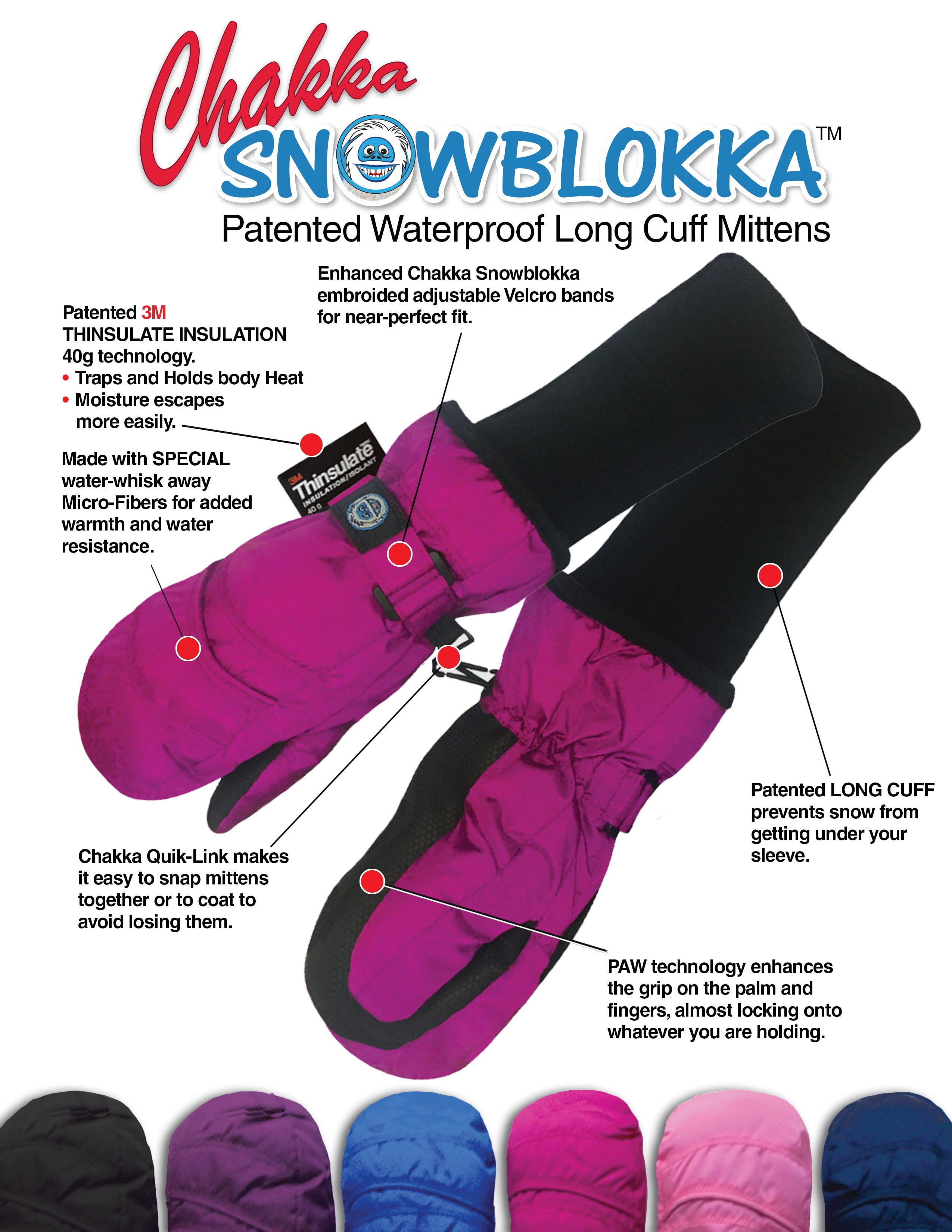 Chakka Snowblokka TM Kid's Snow Mittens Waterproof Nylon Great for Ski & Snowboard and Made with 3m Thinsulate and Extra Long Sleeve Foldable Cover Up 