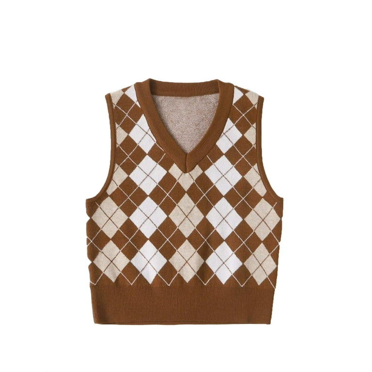 Women's Sweater Vests,Women'S V Neck Sweater Vest Retro Brown Solid Color  Short Rhombus Twist Jacquard Sleeveless Knitted Gilets Waistcoat Preppy  Style Jumper Uniform Tank Top ,XL : : Clothing, Shoes & Accessories