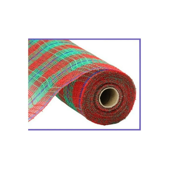 10.5" Faux Jute Check Foil Mesh Ribbon: Red/Green (10 Yards)