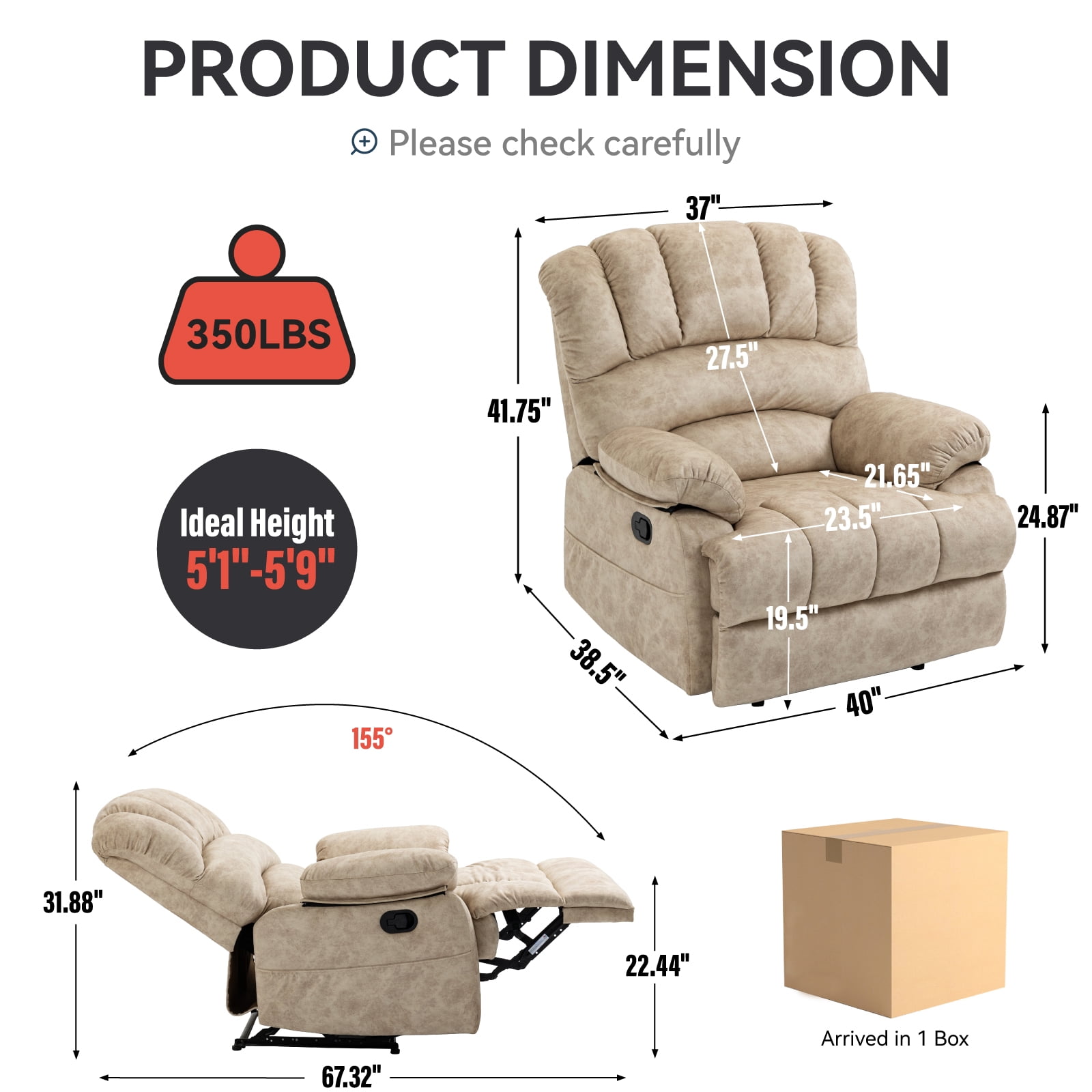 Large Manual Recliner Chair Fabric Living Room Oversized Comfortable Reclining Sofa with Pillow Top Arms Beige