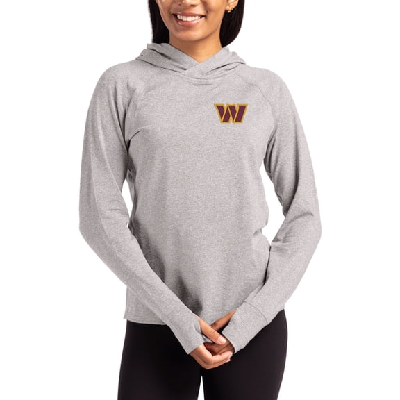 Women's Cutter & Buck Heather Gray Washington Commanders Primary Logo Adapt Knit Recycled Raglan Pullover Hoodie