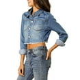thumbnail image 4 of INSPIRE CHIC Women's Frayed Hem Button up Long Sleeve Washed Cropped Denim Jacket, 4 of 6