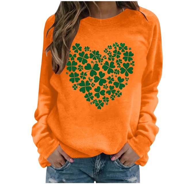 Mceream St Patricks Day Chandail en Molleton Décontracté Mode pour Femmes, Imprimé Graphique Trèfle Irish, Mignon, Manches Longues, Chandail, Grande Taille, Tenue de Vacances & Cadeau, Orange m