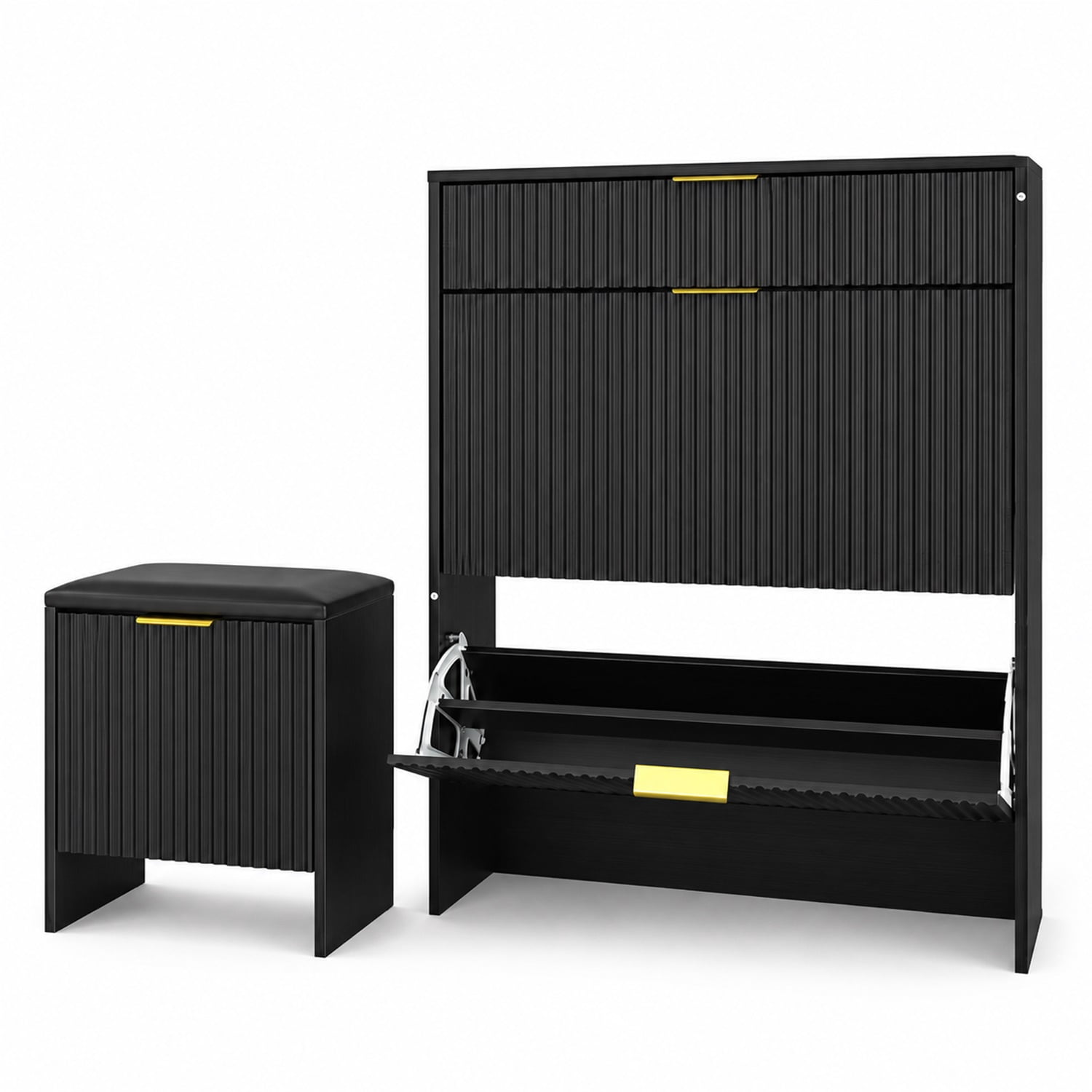 Hommoo Fluted Shoe Storage Cabinet Set with Padded Bench & Gold Hardware, Modern Narrow Entryway Organizer for Shoes, Boots, Heels, Black