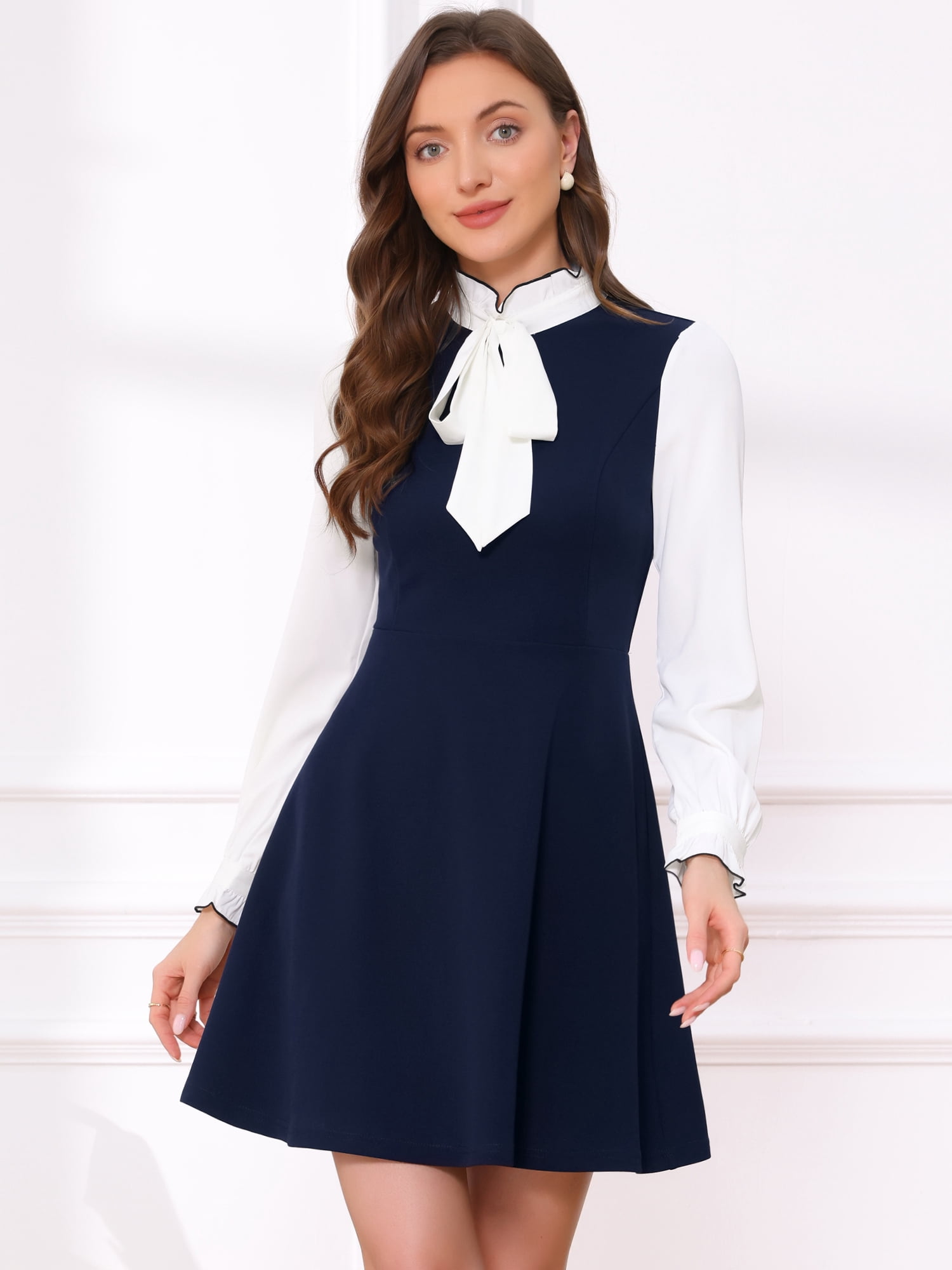 DARING DIVA Women's Tie Neck Vintage Long Sleeve Contrast Color Dress L Dark Blue