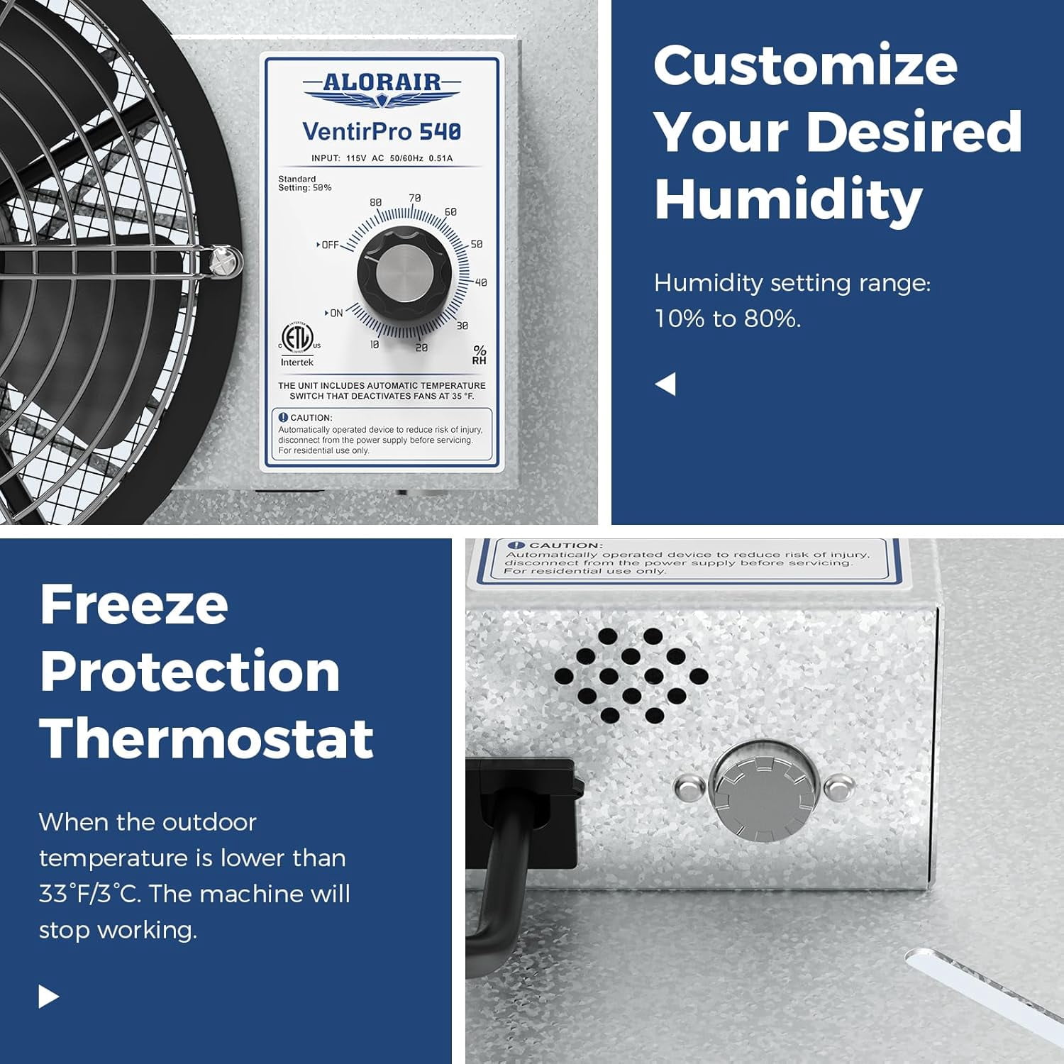 ALORAIR 540 CFM IP-55 Grade Crawlspace Ventilation Fans with Humidistat & Thermostat, 8.7 inches Basement Vent Fans with Isolation Mesh, Ventilator Fan for Crawl Space Basement Attic Garage, Exhaust