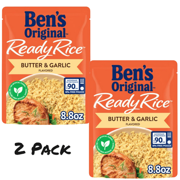 ( 2 Pack ) Ben's Original Butter and Garlic Flavored Ready Rice, Easy Dinner Side, 8.8 Ounce Pouch