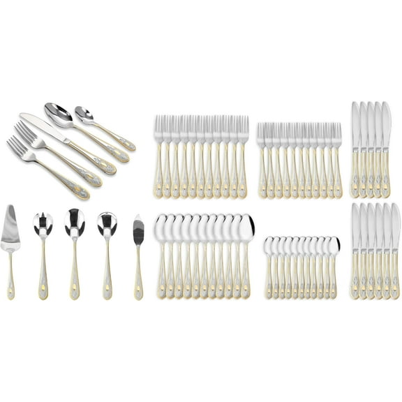 60 Piece Flatware Set - Vintage Handle with Gold Detailing - Service for 12 Includes 5 Piece Hostess Set - 18/10 Stainless Steel Silverware - Dishwasher Safe - Home Essentials (65 Piece, Amalfi)