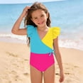 thumbnail image 6 of YTCAMLO Little Girls One Piece Swimsuits Summer Fashion Color Block Patchwork V Neck Ruffle Sleeve Bathing Suits Quick Dry Beach Swimwear, Yellow 7-8 Years, 6 of 8