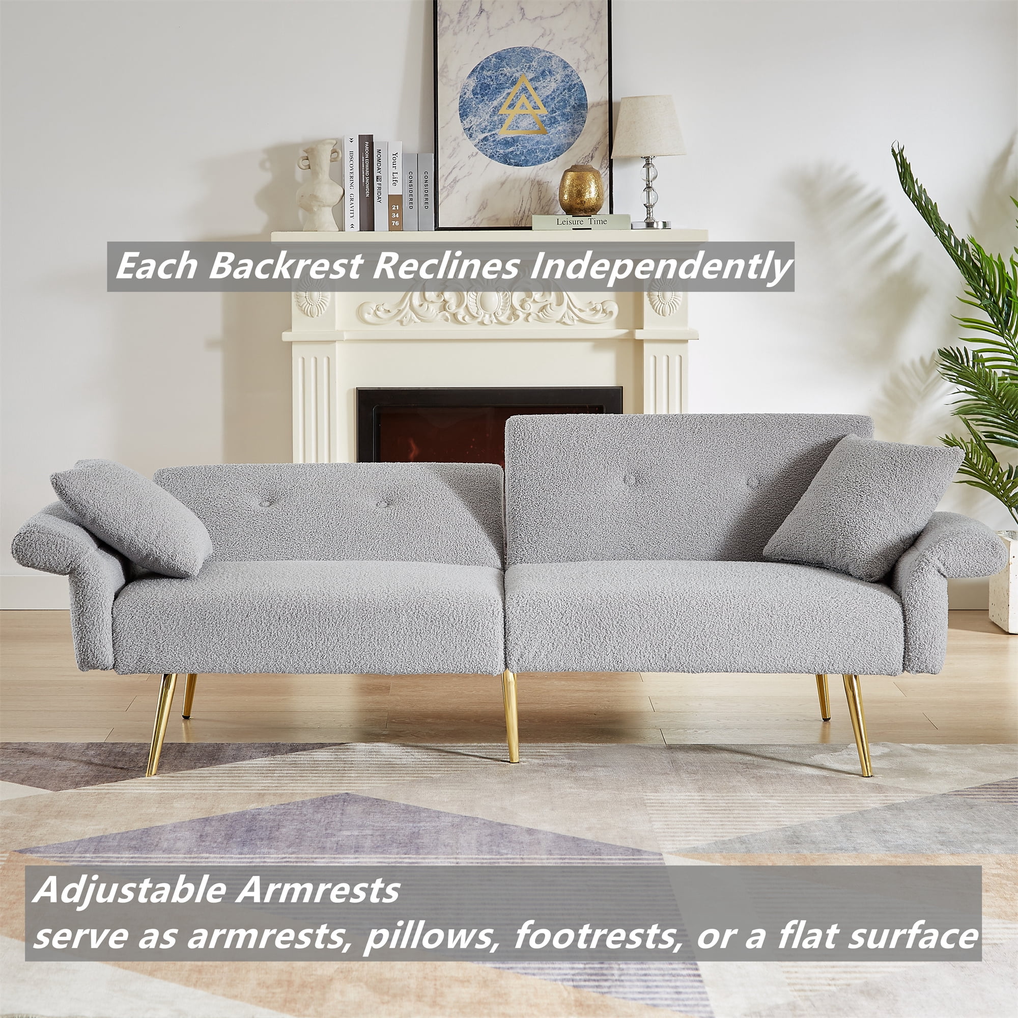 Aukfa 79" Futon Convertible Sofa Bed, Adjustable Arm, 2 Pillows&Side Pocket, Teddy Fleece, Gray