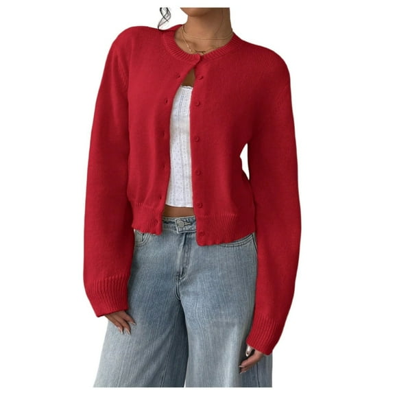 ( piece) Women's button-down long-sleeved round neck cropped cardigan sweater knitted clothing