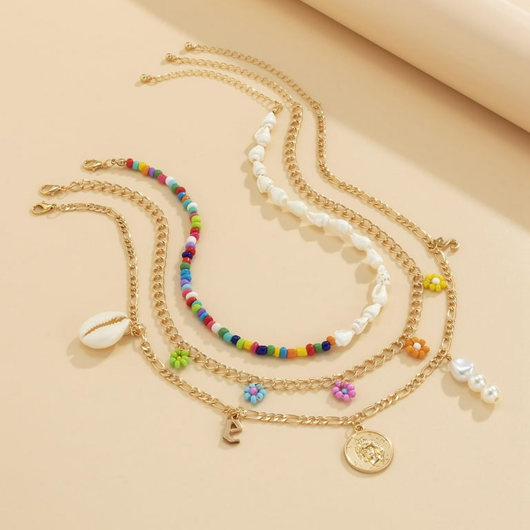 Colorful Layered Necklaces Chain Jewelry for Women and Girls Multilayer Necklace Layer Necklaces Adjustable Boho for Vacation Choker Vintage, Women's