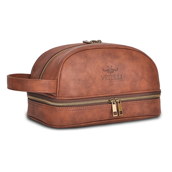 Vetell Classic Leather Travel Toiletry Bag and Dopp Kit with 2 Compartments