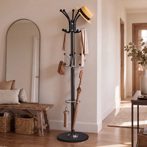 LEDREM Freestanding Coat Rack with Marble Base, 18 Hooks & Umbrella Holder, Rotating Top, 70.1" Tall, for Hallway, Black
