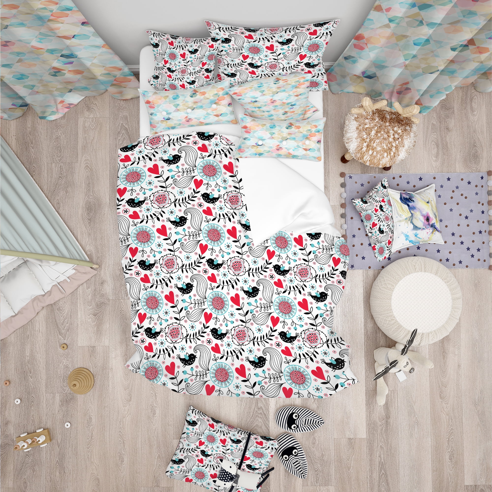 Designart 'Romantic Floral Pattern' Modern Kids Duvet Cover Set