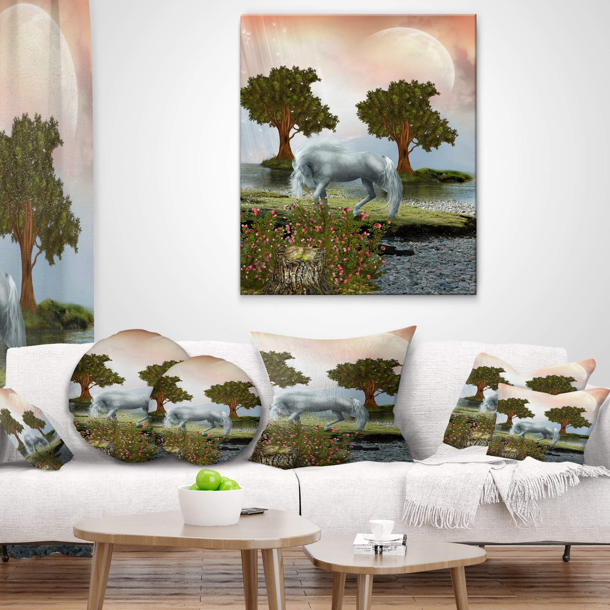 Designart White Horse and Green Trees - Landscape Printed Throw Pillow - 12x20