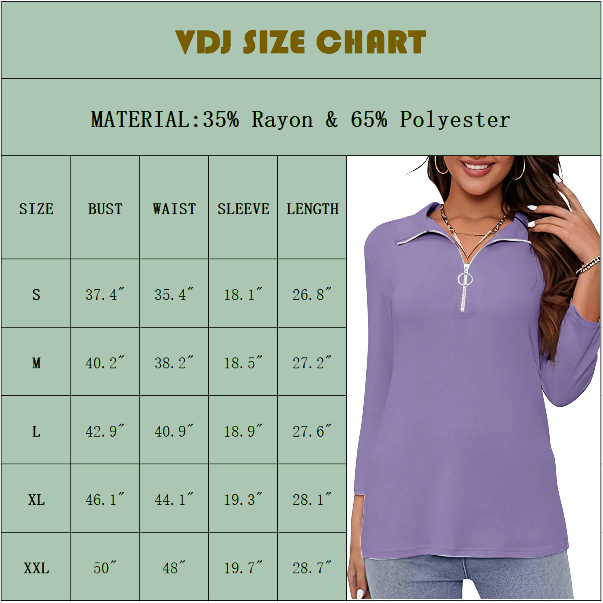 VDJ Women's Half-Zip V-Neck 3/4 Sleeve Top, Purple photo 2