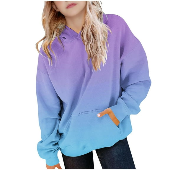 ShomPort 4-14 Years Toddler Children Sweatshirt Gradient Color Hooded Long Sleeve Sport Blouses Trendy Casual Pocket Tops