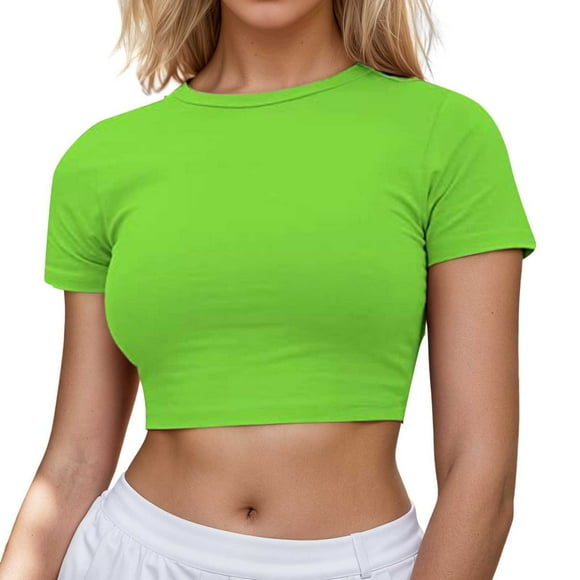 Fgnfyis Womens Short Sleeve Tops Women's Casual Short Sleeve Crop T Shirt Round Neck Basic Solid Top for Spring Summer Everyday Wear T Shirts for Women Green M