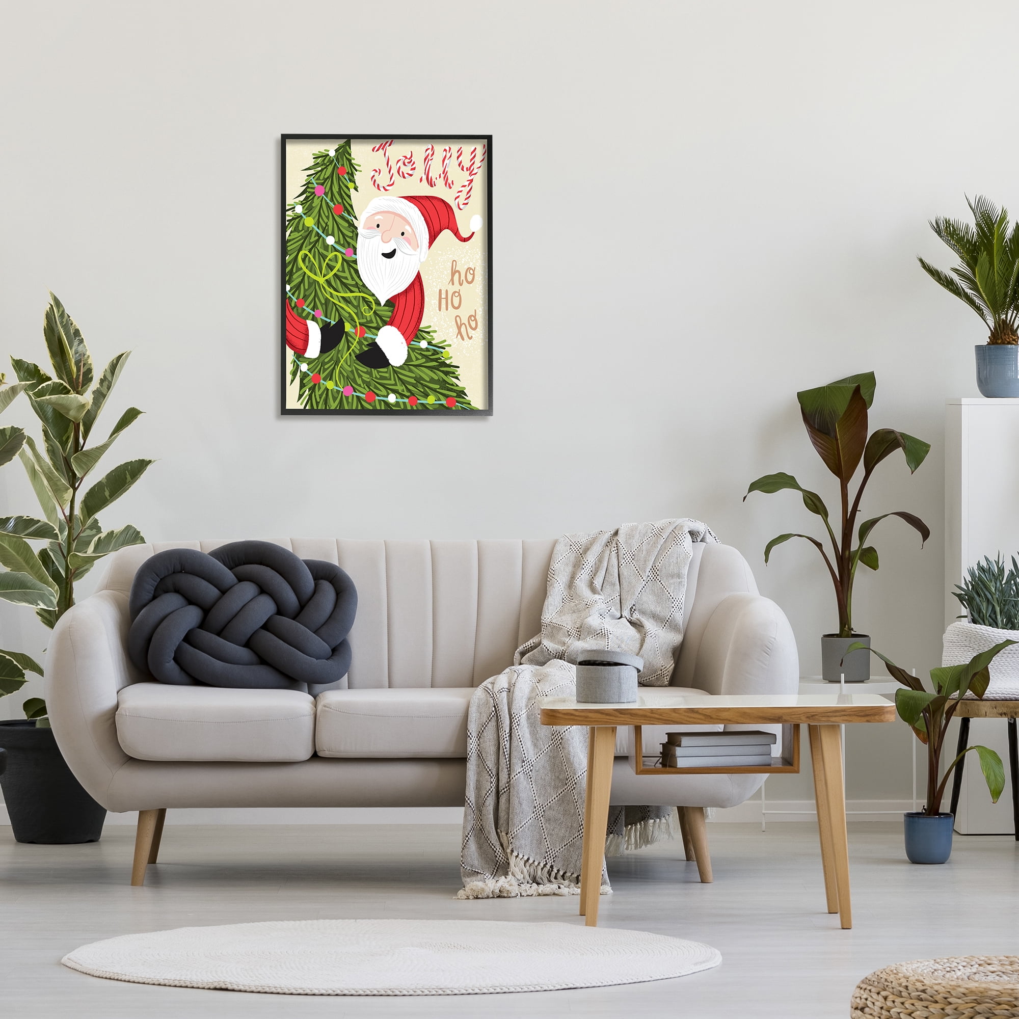 Stupell Industries Festive Jolly Santa Claus Playful Christmas Tree Holiday Painting Black Framed Art Print Wall Art, 24 x 30