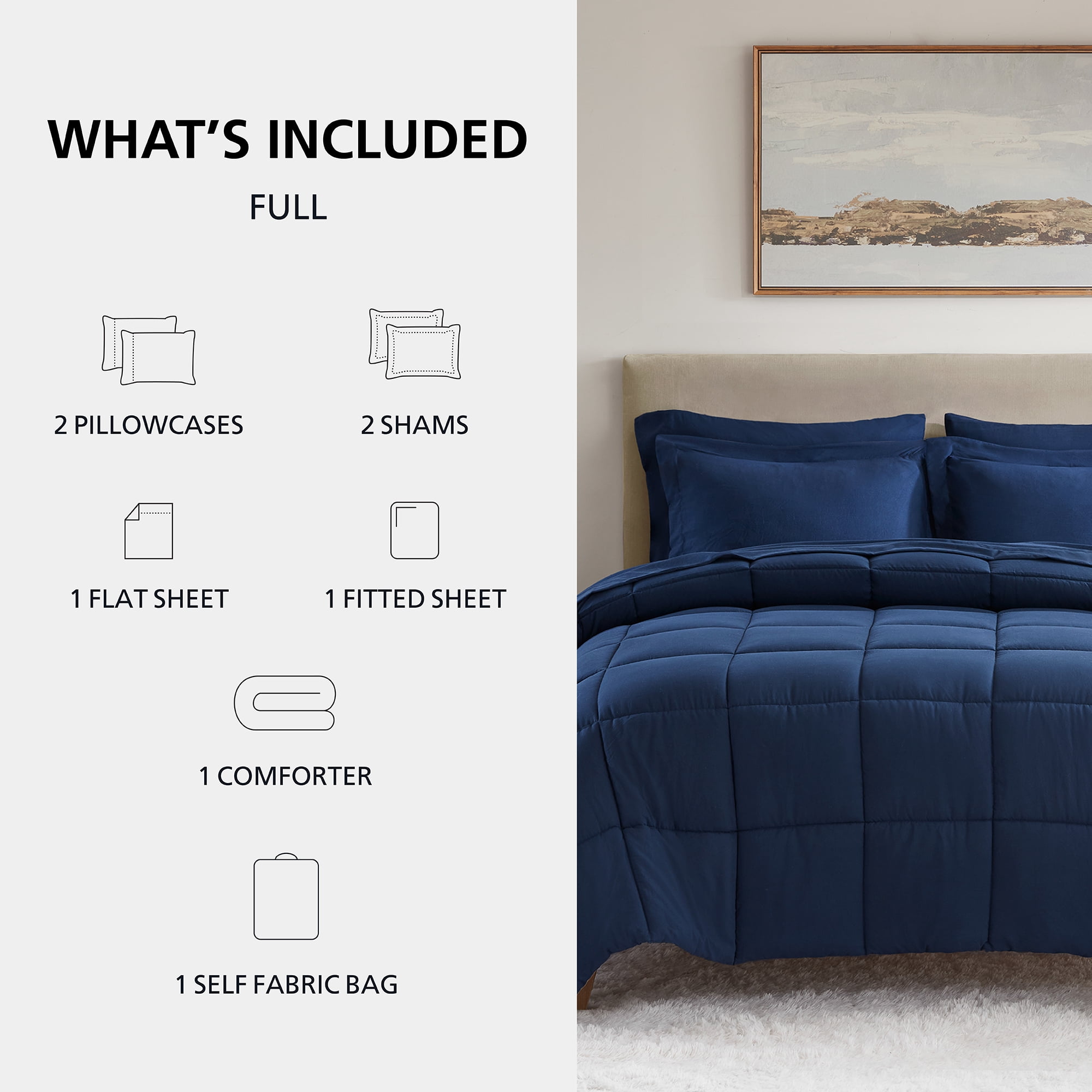 Mainstays All in One Down Alt Reversible Comforter and Sheet set- 7 Piece, Full, Navy