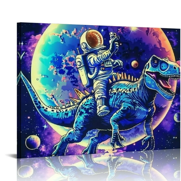 Fenyluxe Dinosaur Spaceman Outer Space Canvas Wall Art Prints for Home Decor Ready To Hang Room Art Decor 20x16in