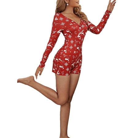 

Sunisery Womens Christmas Romper Pajamas Printed Bodycon Jumpsuit Shorts Pjs Overall New Year Wear Sleepwear Red Elk M